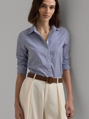 Lauren Ralph Lauren Stripe Easy Care Cotton Shirt in Blue/White Sz. L